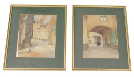 Patrick G Glenwick. Street scene with two figures beside an arch, watercolour, and another similar, a pair, 30cm x 23cm.