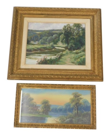 R. Reeve. River landscape, oil on board, 27cm x 34cm, and an oil on paper signed C Royd. (2)