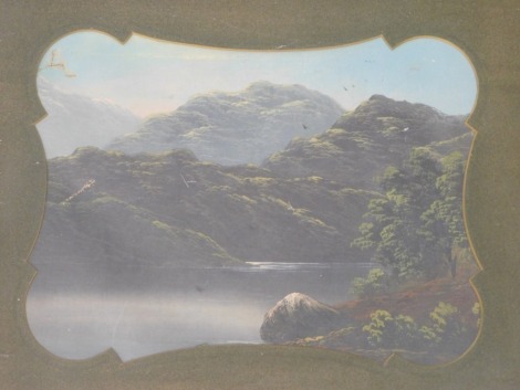 Late 19thC School. Lake scene with mountain, coloured gouache, with shaped mount, 29cm x 38cm.