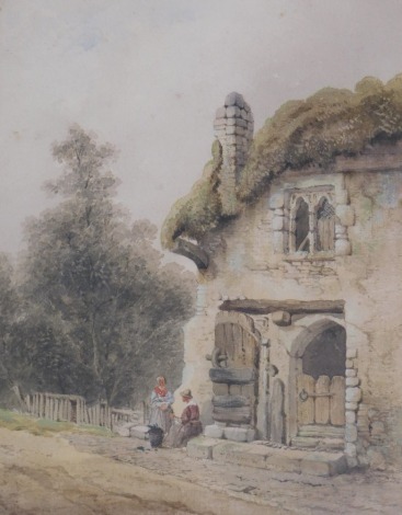 H O'Brien. Rural scene with thatched cottage and figures, watercolour, signed and dated 1865, 33cm x 25cm.