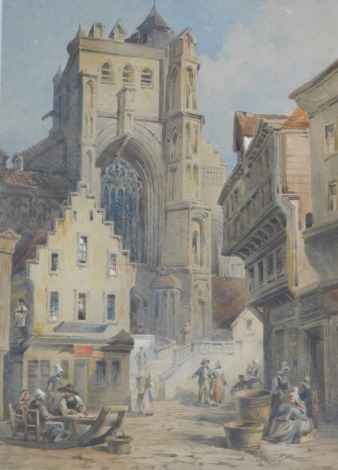 T. Colson. Continental town scene with cathedral, etc., watercolour, signed and dated 1864, 59cm x 27cm.