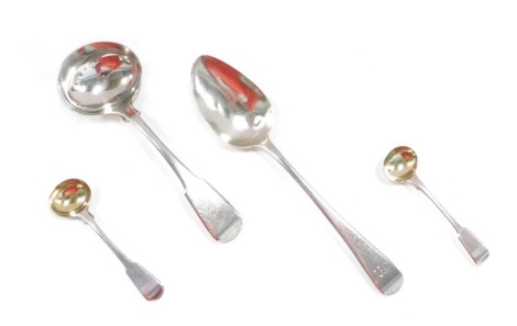 Four Georgian and later silver spoons, comprising a pair of fiddle pattern salt spoons, maker SH, London 1813, a larger fiddle pattern ladle, London 1885, and a silver fiddle pattern spoon bearing the initial M, London 1886, 4.68oz. (4)