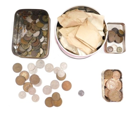 Various pre-decimal coinage, pennies, half pennies, shillings, tokens, etc. (1 tray)