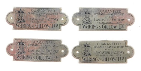 Four stainless steel Waring and Gillow Lancaster factory badges.