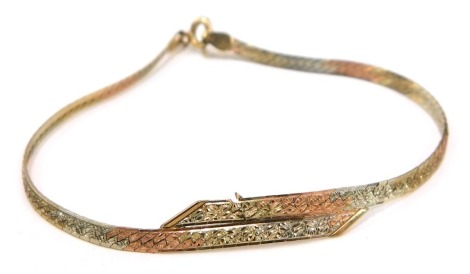 An Italian bicolour bracelet, of two row crossover design, with copper, gold and silver coloured finish, yellow metal stamped 375 Italy, 16cm long, 2.5g all in. (AF)