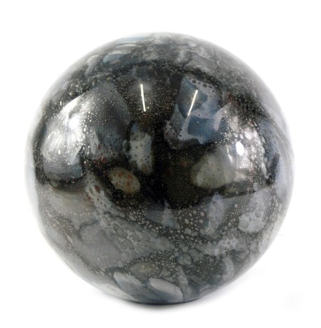 A modern grey, blue and black mottled glass spherical table lamp base, 24cm high.