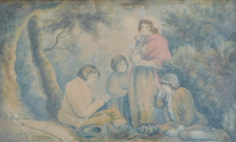 19thC School. Figures in a wooded landscape, watercolour, 21cm x 34cm.