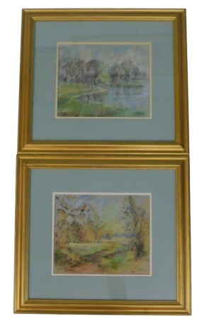 Winifred Mendham (20thC). Landscape with river and landscape with trees, pastel, signed, 22cm x 27cm - pair.