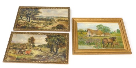 Three 20thC School animal pictures, comprising horse and cottage scene, with heather and ferns, 49cm x 73cm, in gilt frame, and a pair of cattle related oil on canvases, unsigned, 44cm x 88cm. (3)