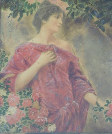 20thC School. Figure of a female in pink flowing gown with roses, over painted print, 25cm x 19cm, in walnut frame.