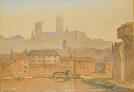 Len Roope (1917-2005). Lincoln Cathedral from Brayford, watercolour, signed and dated 1974, 18cm x 25cm.