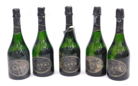 Five bottles of 1997 vintage Cava by Tesco.