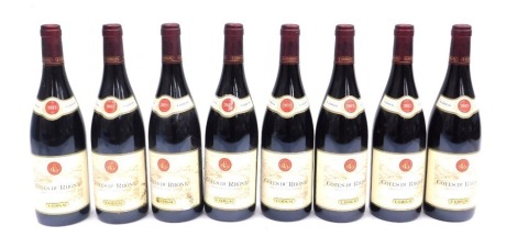 Eight bottles of Cotes Du Rhone red wine, 750ml bottles for 2012.