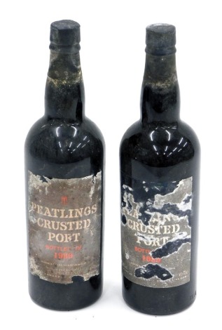 Two bottles of Peatling's Crusted port, each bearing partial labels dated 1989.