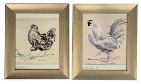 After Mark Huskinson (1935-2018). A cockerel, print, signed in pencil to margin, dated 1993, 22cm x 19cm, framed, and a hen, signed in pencil to margin, dated 1993, 20cm x 19cm. (2)