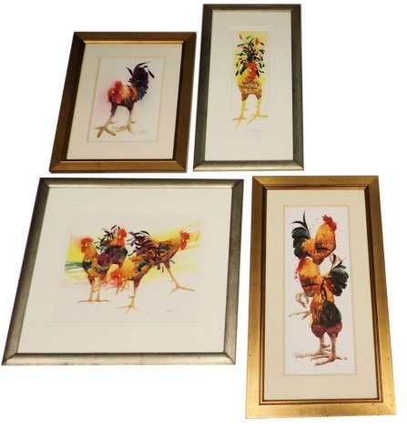 After M. A. Rogers. Four limited edition prints, The Interrogating Cockerel, limited edition print, 48/500, signed, titled and numbered in pencil to margin, 34cm x 23cm, framed, The Proud, 106/500, 45cm x 25cm, and Roosters Too, 53cm x 21cm, framed, and A