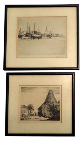 Two 19thC engravings, comprising one of farm buildings, signed A.J. Bansell, 11cm x 13cm, and another of ships at dock, with similar signature, 16cm x 13cm, framed. (2)