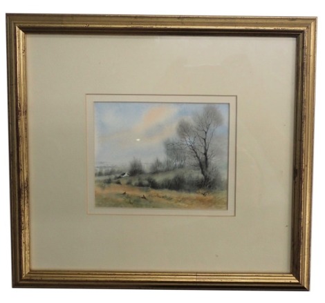 20thC School. Pheasant and cottage landscape, bearing signature T.P, watercolour, 9.5cm x 12cm, framed.