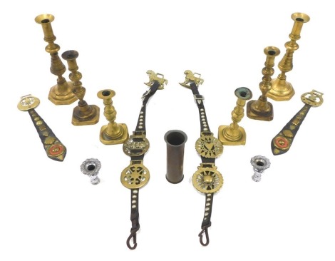 A quantity of metalware, to include brass candlesticks, horse brasses and martingales, etc.