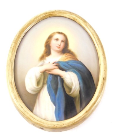 A 19thC continental painted porcelain portrait plaque, probably Berlin or Vienna, depicting Mary Magdalene in white robes with blue drapes, composite border, 17cm x 13cm.