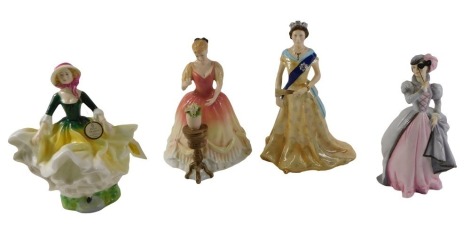 Porcelain figurines, Royal Worcester Masquerade, Queen Elizabeth II Diamond Jubilee, Royal Doulton Becky, and Sarah.