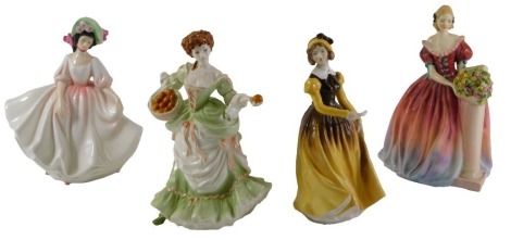 Four porcelain figurines, Rosanna (AF), Coalport Letter from a Lover, Nell Gwynn, and Doulton Sunday Best.