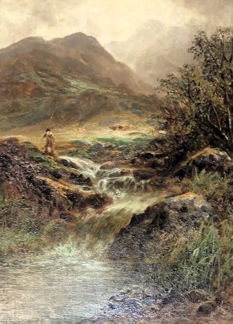 Charles F Shaw. Highland scene with stream, figure, cattle, oil on canvas, signed and dated 95, 28cm x 22cm.