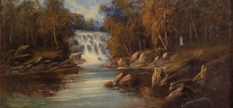 T. Owen. River landscape with waterfall, figure fishing, etc., oil on canvas, 30cm x 63cm.