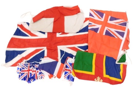 Various Union Jack flags, some material, bunting, etc. (a quantity)