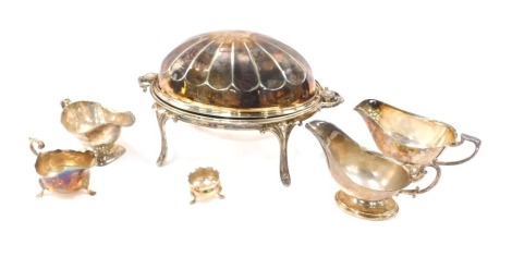 Silver plates wares, comprising four EPNS sauce boats, a mustard, and an oval tureen and cover.