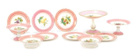 A 19thC ceramic dessert service, on pink and gilded ground, with transfer printed decoration of fruits, unmarked, the largest piece, 20cm high.