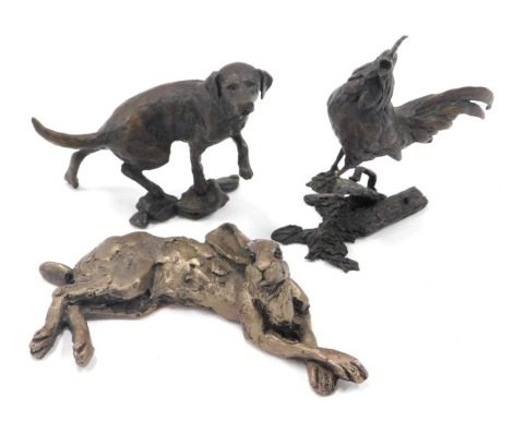 Three animal figure groups, comprising two resin finish animals, dog, 8cm high, and cockerel, 9cm high, and a Frith Sculptures stylised hare, 14cm wide. (3)