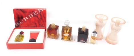 Two Jean Paul Gaultier Classique perfume bottles, a Burberry London set, and three Plaisir D'offir bottles. (1 tray)