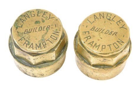 Two Langley & Son brass cart wheel hubs, 6cm high.