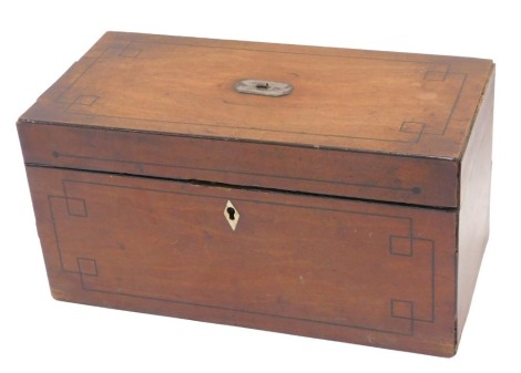 A 19thC mahogany and ebony strung tea caddy, the hinged lid enclosing recess flanked by two separate caddies and associated tumbler, 30cm wide.