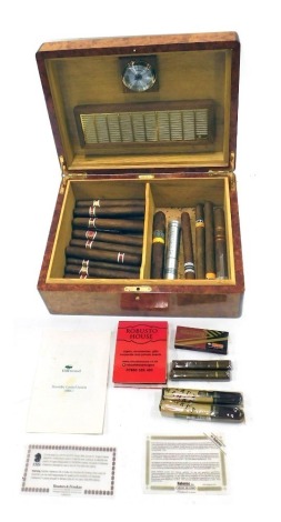 A Hillwood burr wood humidor, containing various cigars, etc.