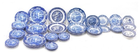 A quantity of Spode Italian pattern dinner ware, to include dinner and side plates, and other blue and white pottery.