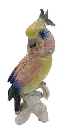 A Karl Ens porcelain cockatoo, in pink, blue, yellow and turquoise, 36cm high.