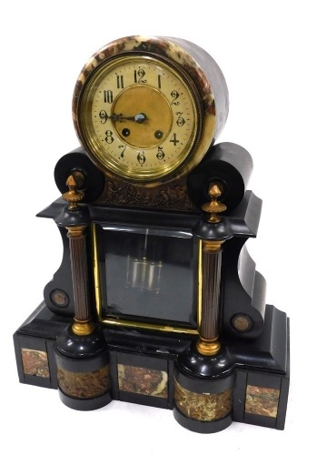 A 19thC French black slate and marble mantel clock, with neoclassical mounts, 49cm high.