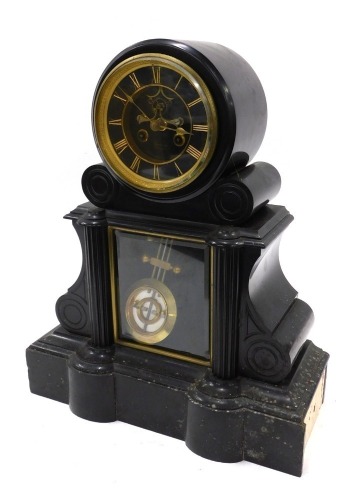 A 19thC French black slate mantel clock, the dial signed Grellier, with tapering architectural case.