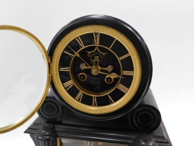 A 19thC French black slate mantel clock, the dial signed Grellier, with tapering architectural case. - 2