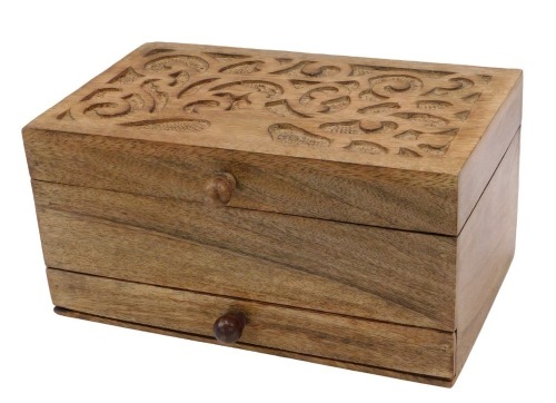 A carved hardwood writing box, with arched and twist top, above single drawer, 13cm high, 25cm wide, 15cm deep.