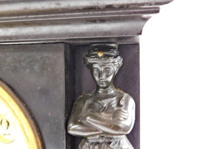 A French black slate mantel clock, of architectural form, with bronze caryatids, 36cm high. - 3