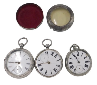 Three silver pocket watches, comprising a Waltham 19thC pocket watch, with white enamel Roman numeric dial and key wind, with rubbed hall marks, a further example with vacant cartouche to shield, London 1861, the movement numbered 46440, and a John J Dent