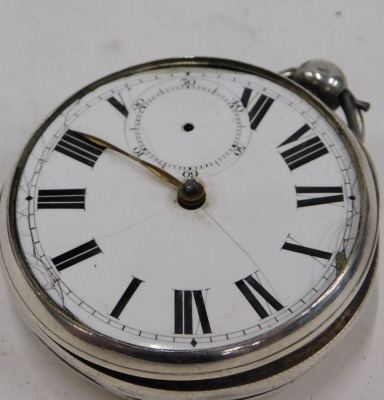 Three silver pocket watches, comprising a Waltham 19thC pocket watch, with white enamel Roman numeric dial and key wind, with rubbed hall marks, a further example with vacant cartouche to shield, London 1861, the movement numbered 46440, and a John J Dent - 6