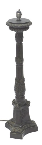 A bronze column table lamp, in French style cast with leaves, etc., 67cm high. WARNING! This lot contains untested or unsafe electrical items. It is supplied for scrap or re-conditioning only. TRADE ONLY