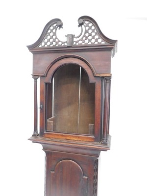 A late 18th/early 19thC mahogany longcase clock case, with later fret work swan neck pediment, above an arched door to the trunk, flanked by blind fret, canted corners, on bracket feet, 225cm high. - 3