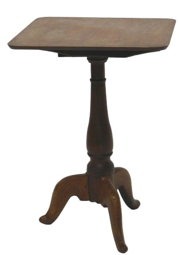 A 19thC oak occasional table, the square tilt top on a turned column and tripod base, 45cm wide. (AF)