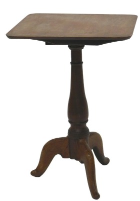 A 19thC oak occasional table, the square tilt top on a turned column and tripod base, 45cm wide. (AF)