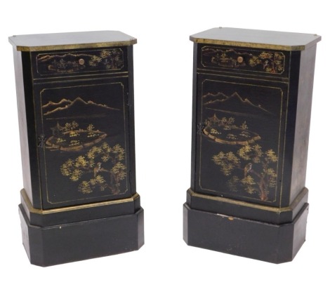 A pair of black Japanned side cabinets, each with a glass or white marble top, above a drawer and a door, on a plinth, 88.5cm high, 46cm wide, 33cm deep.